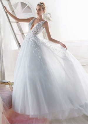 Beaded Light Blue Glittering Tulle Flowers Wedding Dress